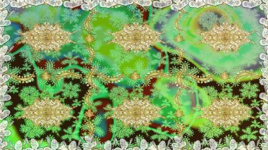 Damask pürüzsüz süsü. Klasik oryantal desen yeşil renklerden üstündür. Geleneksel raster ve altın desen.