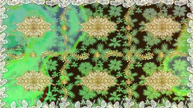 Yeşil renkler ve altın elementler üzerinde altın pürüzsüz desen. Tekrarlayan elementlerle soyut arkaplan oluşturun. Kusursuz damaske klasik altın desen. Raster illüstrasyonu.