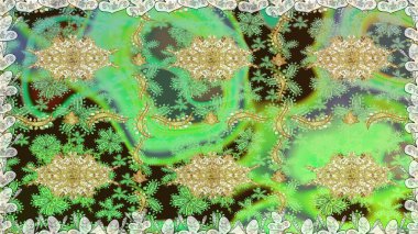 Altın elementlerle yeşil renklerde altın desen. Süslü raster dekorasyonu. Barok tarzında duvar kağıdı tasarımı için kusursuz damaske deseni arkaplanı.