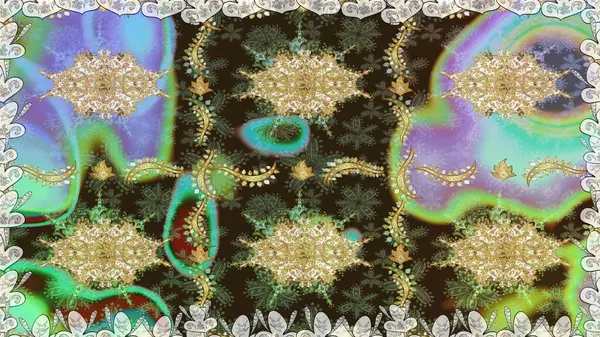 Kahverengi renklerde altın desenler ve altın elementler. Süslü raster dekorasyonu. Barok tarzında duvar kağıdı tasarımı için kusursuz damaske deseni arkaplanı.