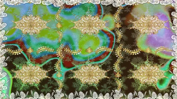 Raster illüstrasyonu. Oriental raster klasik yeşil ve altın desenli. Kusursuz soyut arkaplan.