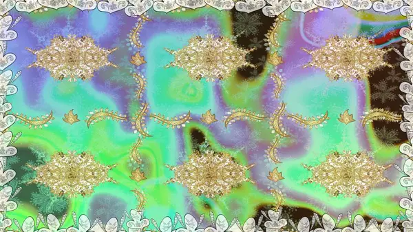 Davetiyeler, kartlar, web sayfası için Raster illüstrasyon. Tarafsız renklerde altın element. Çizgi sanatı tasarım şablonu için kusursuz sınır. Altın desenli çiçek dekoru. Doğu tarzı ögesi.