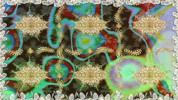 Raster illüstrasyonu. Yeşil renklerde ve altın elementlerle klasik, pürüzsüz desen.