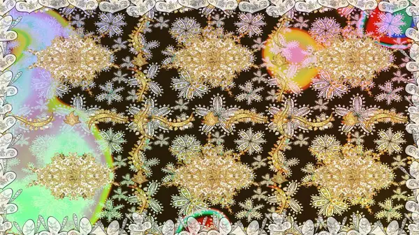 Davetiyeler, kartlar, web sayfası için Raster illüstrasyon. Kahverengi renklerde altın element. Altın desenli çiçek dekoru. Çizgi sanatı tasarım şablonu için kusursuz sınır. Doğu tarzı ögesi.