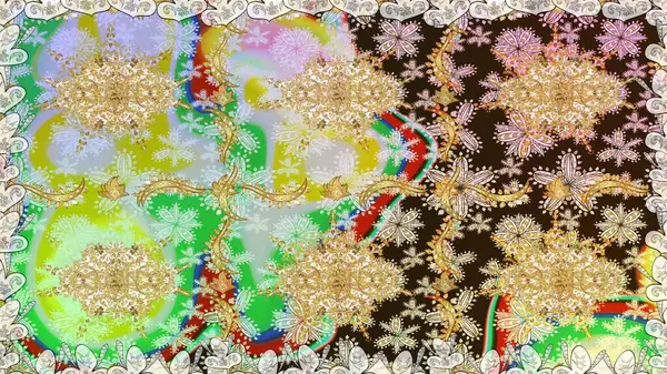 Tarafsız renklerde Royal retro. Kusursuz desenli altın elementler. Klasik çiçek dokusu. Raster illüstrasyonu. Kart, duvar kağıdı, ambalaj ve tekstil için klasik tasarım. Altın şablon.