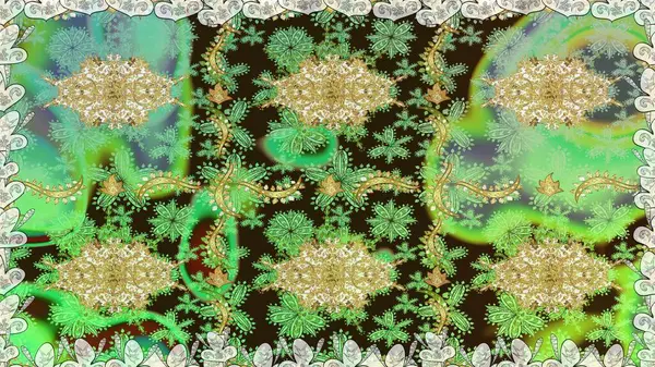 Yeşil renkte altın elementler. Çiçek deseni. Duvar kâğıdı barok, İspanyol kumaşı. Kusursuz raster arka plan. Şekil grafik deseni.