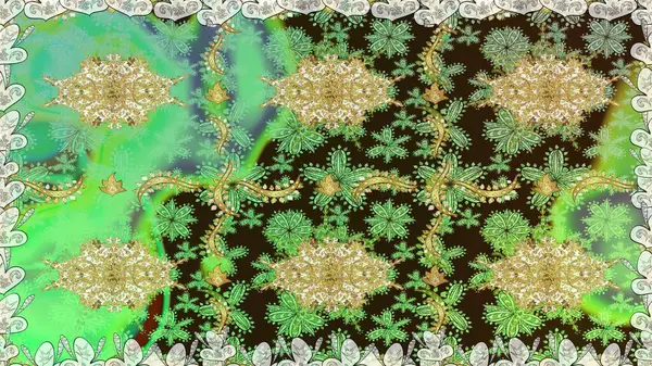 Yeşil renkler ve altın elementler üzerinde altın pürüzsüz desen. Tekrarlayan elementlerle soyut arkaplan oluşturun. Kusursuz damaske klasik altın desen. Raster illüstrasyonu.