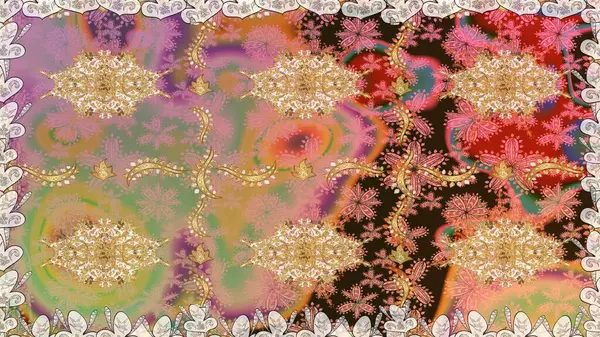 Kusursuz altın desenli bukleler. Doğu tarzı arabesk. Bej renklerde, altın elementlerle kusursuz desen. Hassas altın deseni açın. Raster sanatı. Parlak dantel, stilize çiçekler, şal desenli