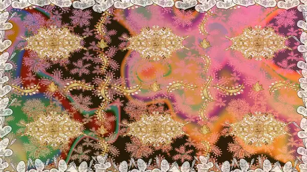 Kusursuz desenli altın elementler. Kahverengi renkte Royal retro. Kart, duvar kağıdı, ambalaj ve tekstil için klasik tasarım. Raster illüstrasyonu. Klasik çiçek dokusu. Altın şablon.