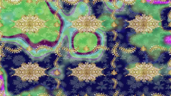 Kraliyet lüksü, altın barok kumaş rengi eskiz. Raster eskiz deseni altın antika çiçekli ortaçağ dekoratifi, yapraklar ve mavi renkli altın desenli süslemeler..