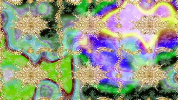 Yeşil renklerdeki altın element. Altın desenli çiçek dekoru. Doğu tarzı element. Davetiyeler, kartlar, web sayfası için Raster illüstrasyon. Tasarım şablonu için çizgi çizimi sınırı.