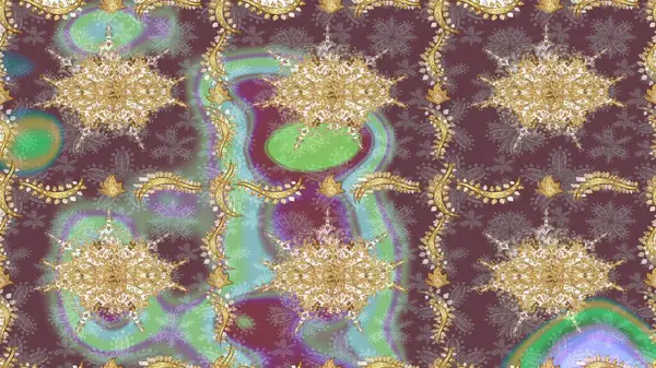 Doğu tarzı arabesk. Çizim altın desenli bukleler. Raster illüstrasyonu. Raster altın desen. Altın elementli kahverengi renkler.