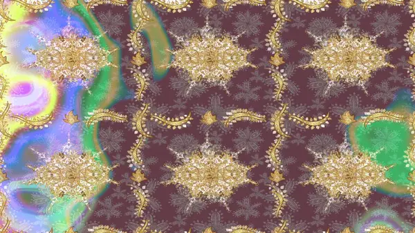 Klasik Raster altın desenini çiz. Geleneksel oryantasyon süsü. Raster illüstrasyonu. Kahverengi renkli ve altın elementli eskiz deseni. Klasik vintage arkaplan.