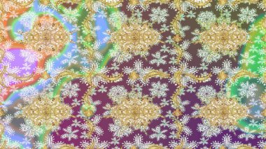 Altın elementlerle nötr renklerde altın desen. Raster altın tekstil baskısı. Çiçek kiremitleri. İslam tasarımı. Çizim desenli oryantal süs.