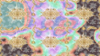 Tarafsız renklerde altın element. Doku arka planında altın duvar kâğıdı. Barok tarzında altın çiçekli süs. Damask çizimi yinelenen arkaplan.