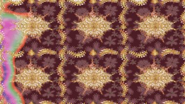 Süslü raster dekorasyonu. Kahverengi renklerde altın desenler ve altın elementler. Barok biçiminde duvar kağıdı tasarımı için şablon çizimi arkaplanı.