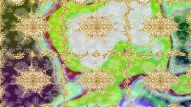 Süslü dekorasyon. Raster illüstrasyonu. Damask altın soyut çiçek deseni yeşil renkler üzerine çizim.