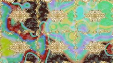 Tasarım için Damask çizim kalıbı. Tarafsız renklerde altın elementlerle Raster çizim deseni.