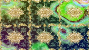 Altın şablonu çiz. Raster oryantal süs. Yeşil renkler ve altın elementler üzerine çizim deseni.