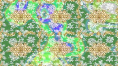 Raster Golden eskiz kalıbı. Arkaplan, kumaş, altın duvar kağıdı. Altın elementlerle yeşil renklerde altın desen. Düz elle çizilmiş vintage koleksiyonu.