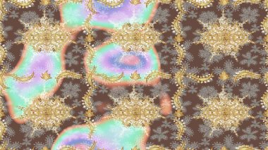 Doğu tarzında klasik tasarım öğesi. Duvar kâğıdı için altın süslü bir illüstrasyon. Çiçek süslemeli Raster eskiz deseni. Süslü dantel iz sürücü. Kahverengi renkler üzerine geleneksel Arapça dekor.