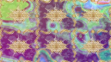 Raster eskiz deseni altın antika ortaçağ dekoratifi yapraklar ve altın desenli süslemeler ile tarafsız renklerde. Kraliyet lüksü, altın barok kumaş rengi..