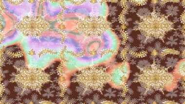 Çiçek süslemeli Raster eskiz deseni. Doğu tarzında klasik tasarım öğesi. Süslü dantel iz sürücü. Tarafsız renkler üzerine geleneksel Arapça dekor. Duvar kağıdı için altın süslü illüstrasyon.