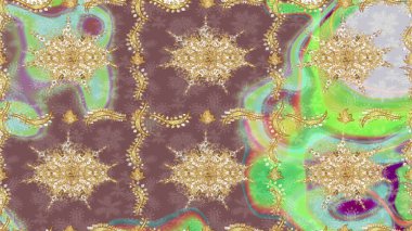 Raster geleneksel oryantasyon süsü. Klasik altın desenli çizim. Altın elementlerle nötr renklerde altın desen.