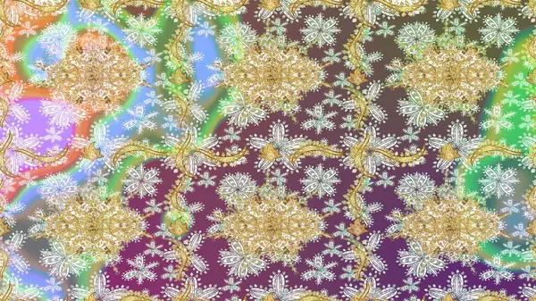 Altın elementlerle nötr renklerde altın desen. Raster altın tekstil baskısı. Çiçek kiremitleri. İslam tasarımı. Çizim desenli oryantal süs.