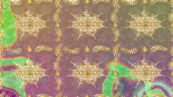 Kraliyet lüksü, altın barok kumaş rengi eskiz. Raster eskiz deseni altın antika ortaçağ dekoratifi, yapraklar ve bej renkli altın desenli süslemeler..