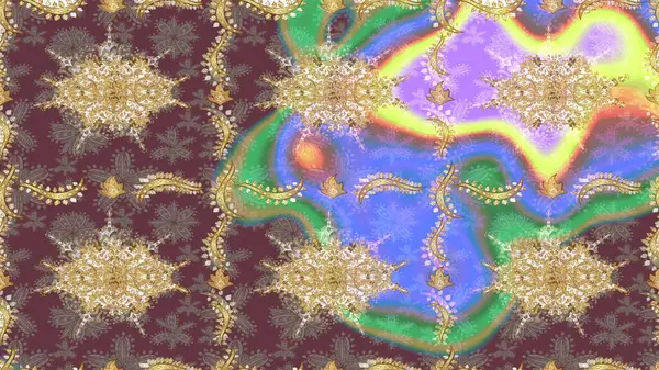 Barok tarzında altın çiçekli süs. Antika altın tekrarlanabilir duvar kağıdı. Kahverengi renklerde altın element. Şam çizimi tekrarlanan desen.