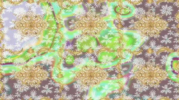 Damask çizimi tekrarlanıyor. Tarafsız renklerde altın element. Doku arka planında altın duvar kâğıdı. Barok tarzında altın çiçekli süs..