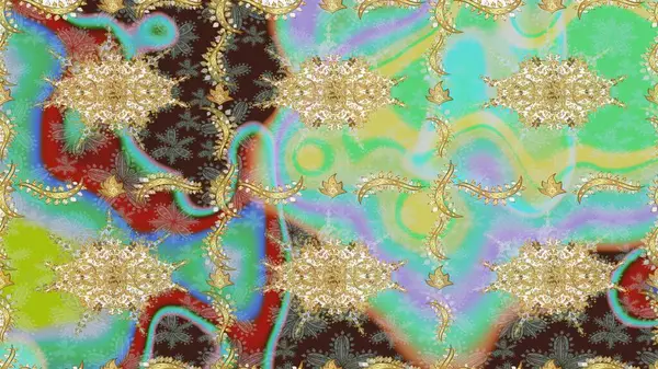 Tasarım için Damask çizim kalıbı. Tarafsız renklerde altın elementlerle Raster çizim deseni.