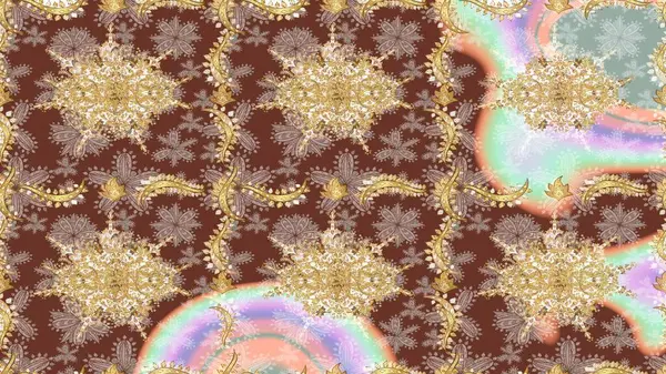 Kahverengi renkler ve altın elementler. Altın şablonu çiz. Raster altın çiçek süsü brokar kumaş ve cam desenli. Çiçek desenli altın metal..