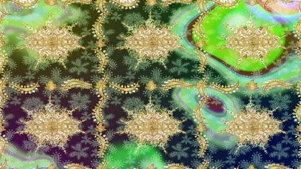 Altın şablonu çiz. Raster oryantal süs. Yeşil renkler ve altın elementler üzerine çizim deseni.