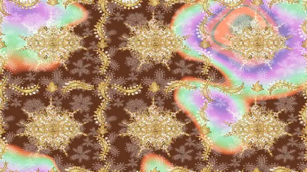 Kahverengi renkli geleneksel Arap dekoru. Süslü dantel iz sürücü. Çiçek süslemeli Raster eskiz deseni. Doğu tarzında klasik tasarım öğesi. Duvar kağıdı için altın süslü illüstrasyon.