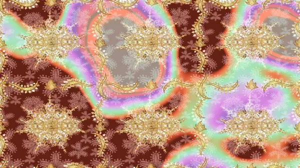 Süslü dekorasyon. Damask altın soyut çiçek deseni bej renkler üzerine. Raster illüstrasyonu.