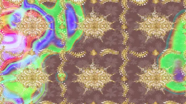 Raster altın tekstil baskısı. Kahverengi renklerde altın desenler ve altın elementler. Çiçek kiremitleri. İslam tasarımı. Çizim desenli oryantal süs.