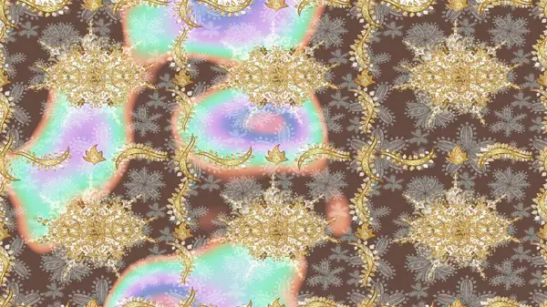 Doğu tarzında klasik tasarım öğesi. Duvar kâğıdı için altın süslü bir illüstrasyon. Çiçek süslemeli Raster eskiz deseni. Süslü dantel iz sürücü. Kahverengi renkler üzerine geleneksel Arapça dekor.