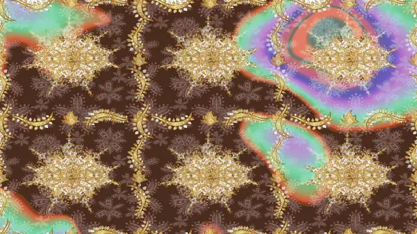 Raster golden mehndi. Kahverengi renkte desen. Kına dövmeli süs çiçekleri, altın çıkartmalar, mehndi ve yoga tasarımı, kartlar ve parmak izleri..