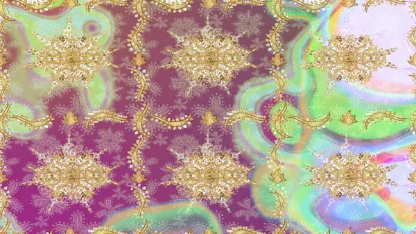 Barok tarzında altın çiçekli süs. Antika altın tekrarlanabilir duvar kağıdı. Damask çizimi tekrarlanıyor. Tarafsız renklerde altın element.