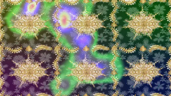 Yeşil renkte altın elementler. Barok tarzında eskiz oryantal süsü. Geleneksel klasik Raster altın çizim kalıbı.