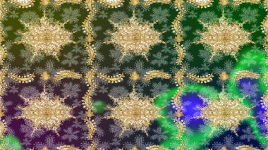 Klasik Raster altın desenini çiz. Yeşil renkler ve altın elementler üzerine çizim. Geleneksel oryantasyon süsü. Klasik vintage arkaplan.