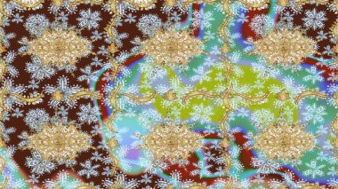 Raster altın tekstil baskısı. Eskiz desenli oryantal süs. İslam tasarımı. Çiçek kiremitleri. Altın elementlerle nötr renklerde altın desen.