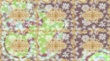 Süslü dekorasyon. Raster illüstrasyonu. Damask altın soyut çiçek deseni nötr renkler üzerine çizim.