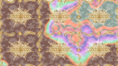 Çiçek kiremitleri. Altın elementlerle bej renklerde altın desen. İslam tasarımı. Raster altın tekstil baskısı. Çizim desenli oryantal süs.