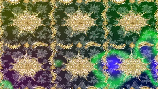 Klasik Raster altın desenini çiz. Yeşil renkler ve altın elementler üzerine çizim. Geleneksel oryantasyon süsü. Klasik vintage arkaplan.