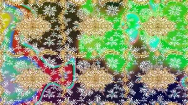 Çiçek desenli altın metal. Altın elementli yeşil renkler. Altın şablonu çiz. Raster altın çiçek süsü brokar kumaş ve cam desenli..