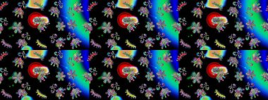 Kar tanelerinin soyut arkaplanlı Noel şablonu. Siyah, mavi ve yeşil kar taneleri. Raster illüstrasyonu. Noel ve Yeni Yıl moda baskıları için tatil tasarımı.