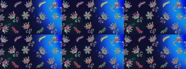 Gri, mavi ve yeşil renkte etnik çiçeklerle süslenmiş zarif bir eskiz şekli. Asya Tekstil 'inde Raster Çiçek İllüstrasyonu.